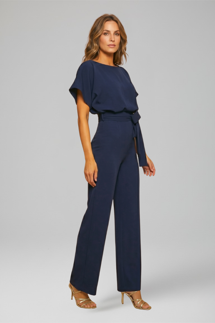 Women's Wide Leg Jumpsuit with Flutter Sleeves and Waist Tie Belt