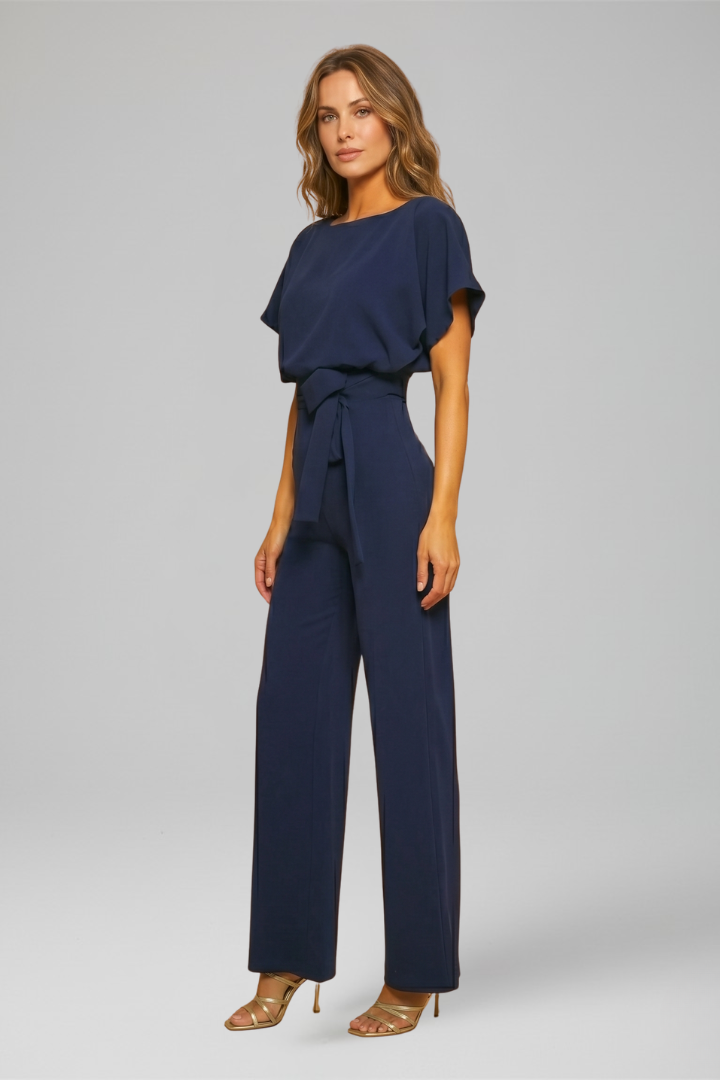 Women's Wide Leg Jumpsuit with Flutter Sleeves and Waist Tie Belt