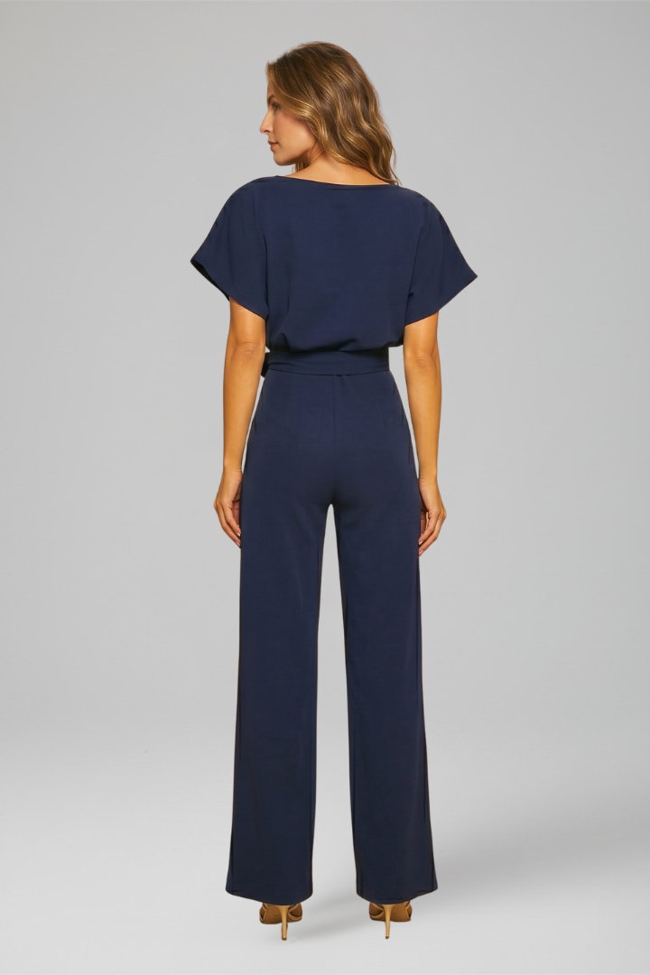 Women's Wide Leg Jumpsuit with Flutter Sleeves and Waist Tie Belt