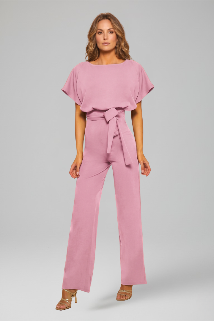 Women's Wide Leg Jumpsuit with Flutter Sleeves and Waist Tie Belt