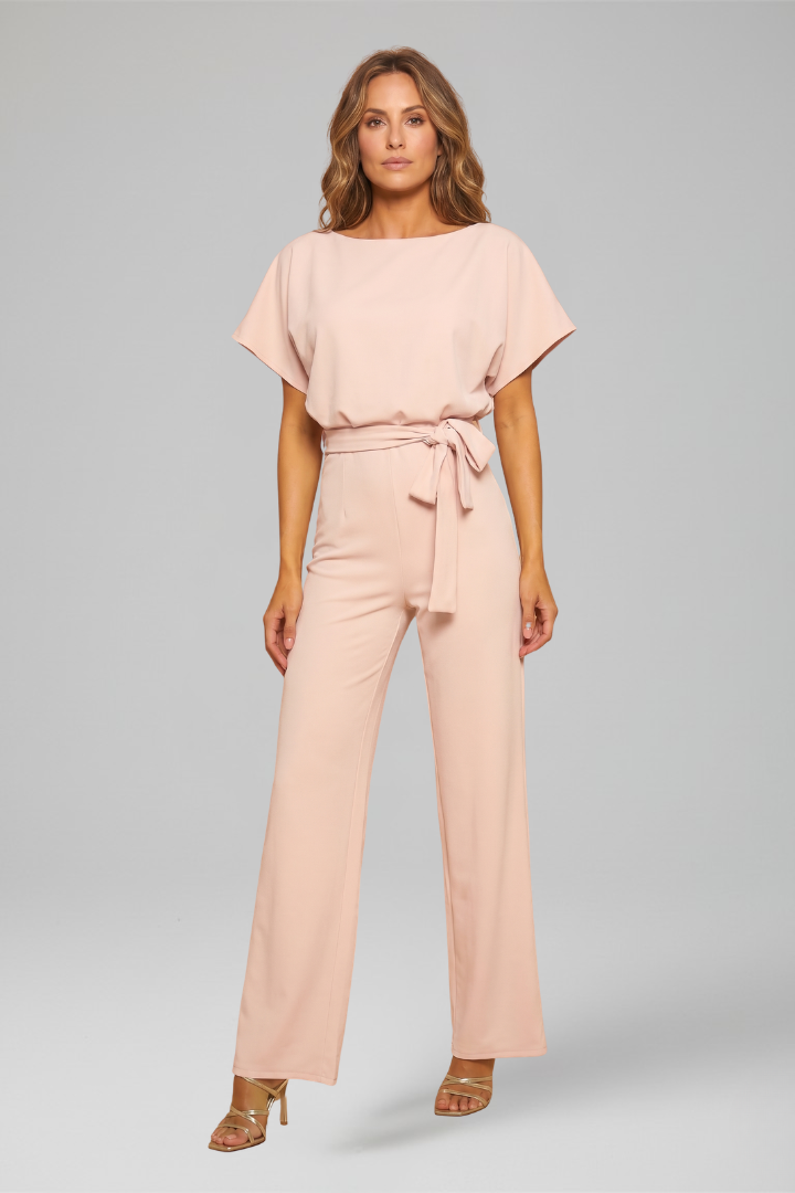 Women's Wide Leg Jumpsuit with Flutter Sleeves and Waist Tie Belt