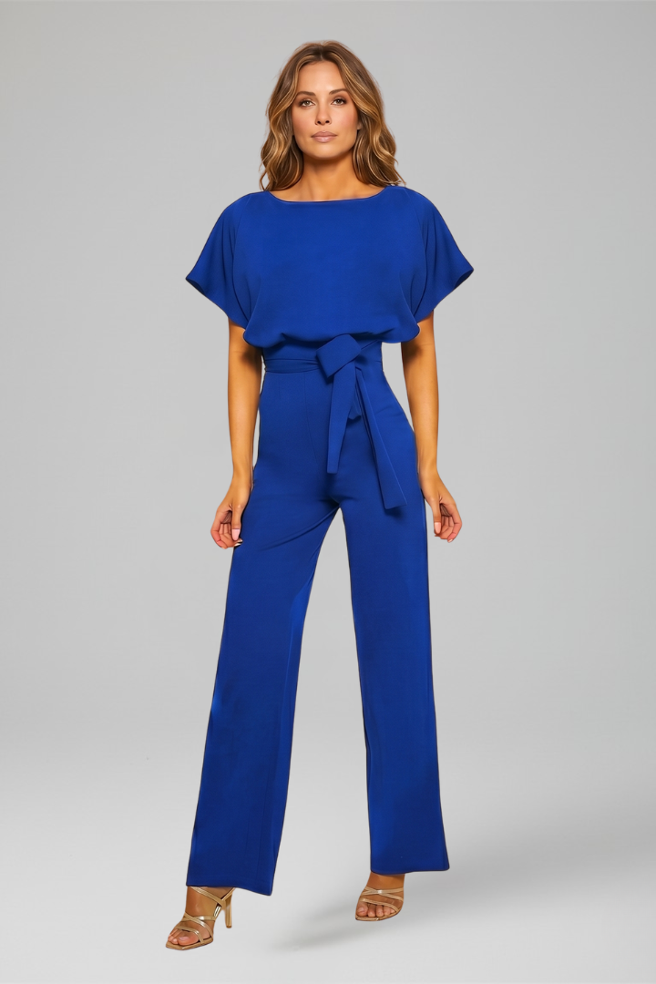 Women's Wide Leg Jumpsuit with Flutter Sleeves and Waist Tie Belt