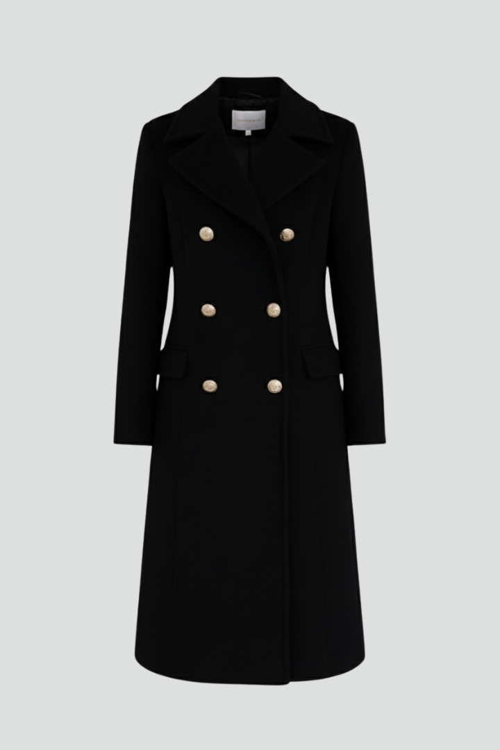 Women's Long Coat with Double Buttons and Notched Lapel