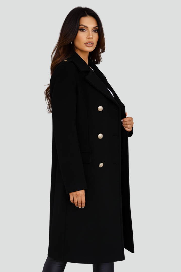 Women's Long Coat with Double Buttons and Notched Lapel