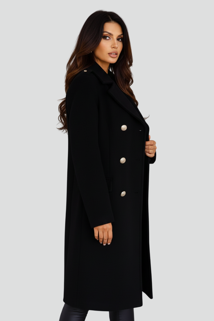 Women's Long Coat with Double Buttons and Notched Lapel