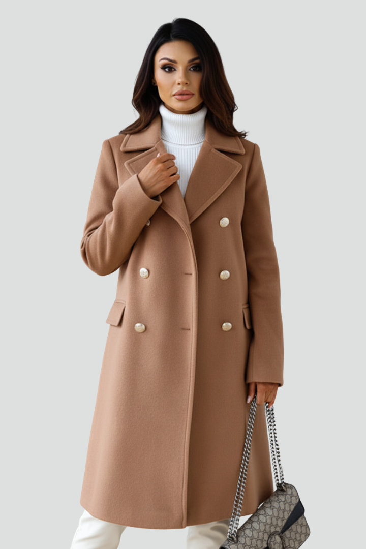 Women's Long Coat with Double Buttons and Notched Lapel