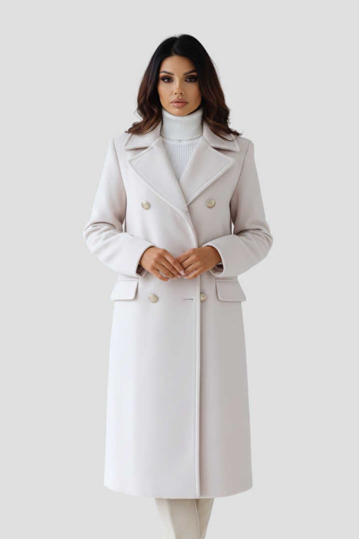 Women's Long Coat with Double Buttons and Notched Lapel