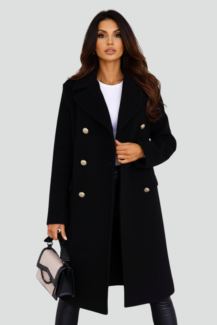 Women's Long Coat with Double Buttons and Notched Lapel