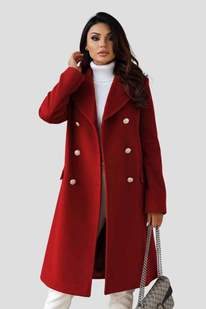 Women's Long Coat with Double Buttons and Notched Lapel