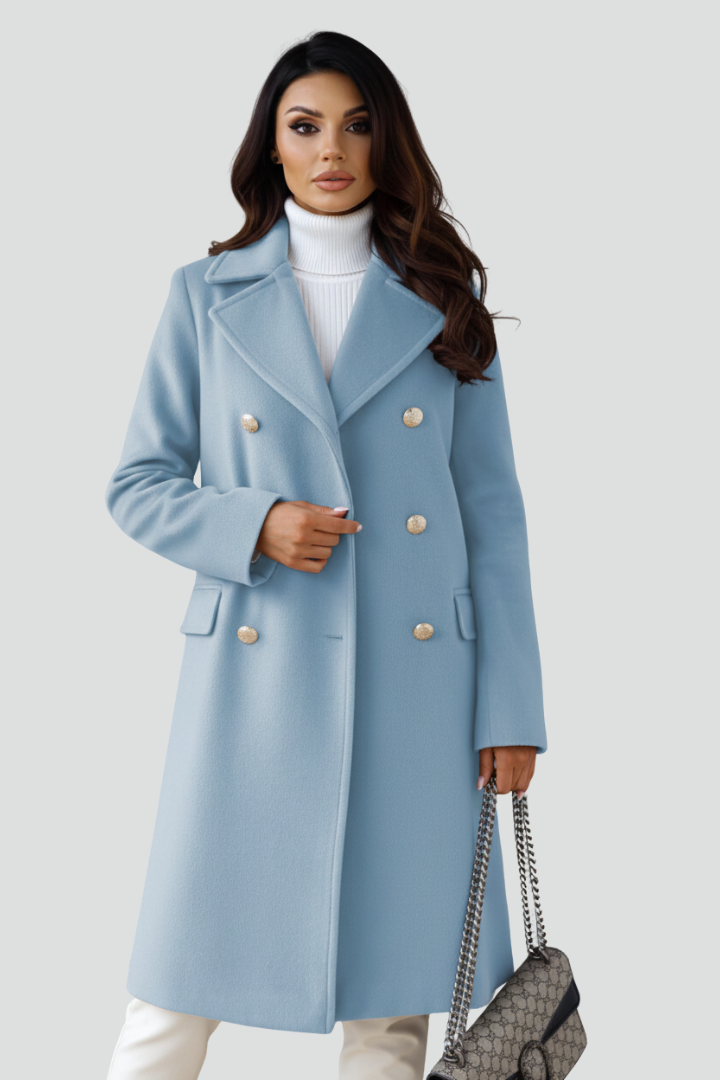 Women's Long Coat with Double Buttons and Notched Lapel