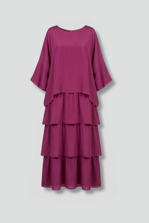 Women's Tiered Maxi Dress with Round Neckline and Wide Sleeves