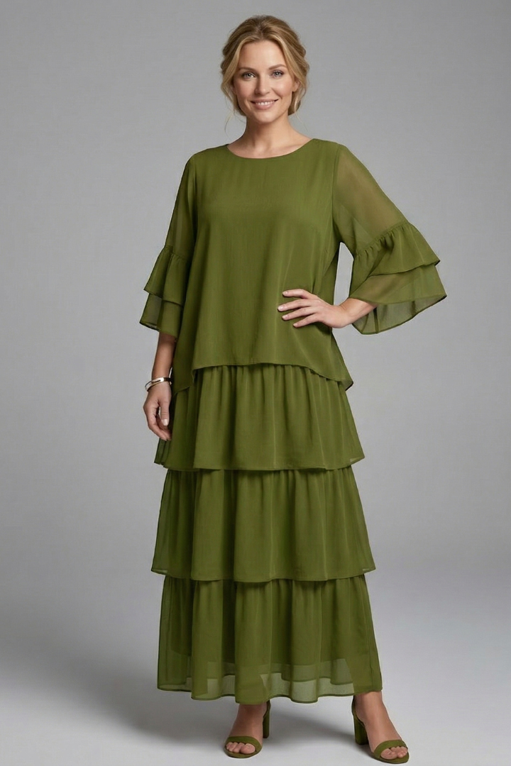 Women's Tiered Maxi Dress with Round Neckline and Wide Sleeves