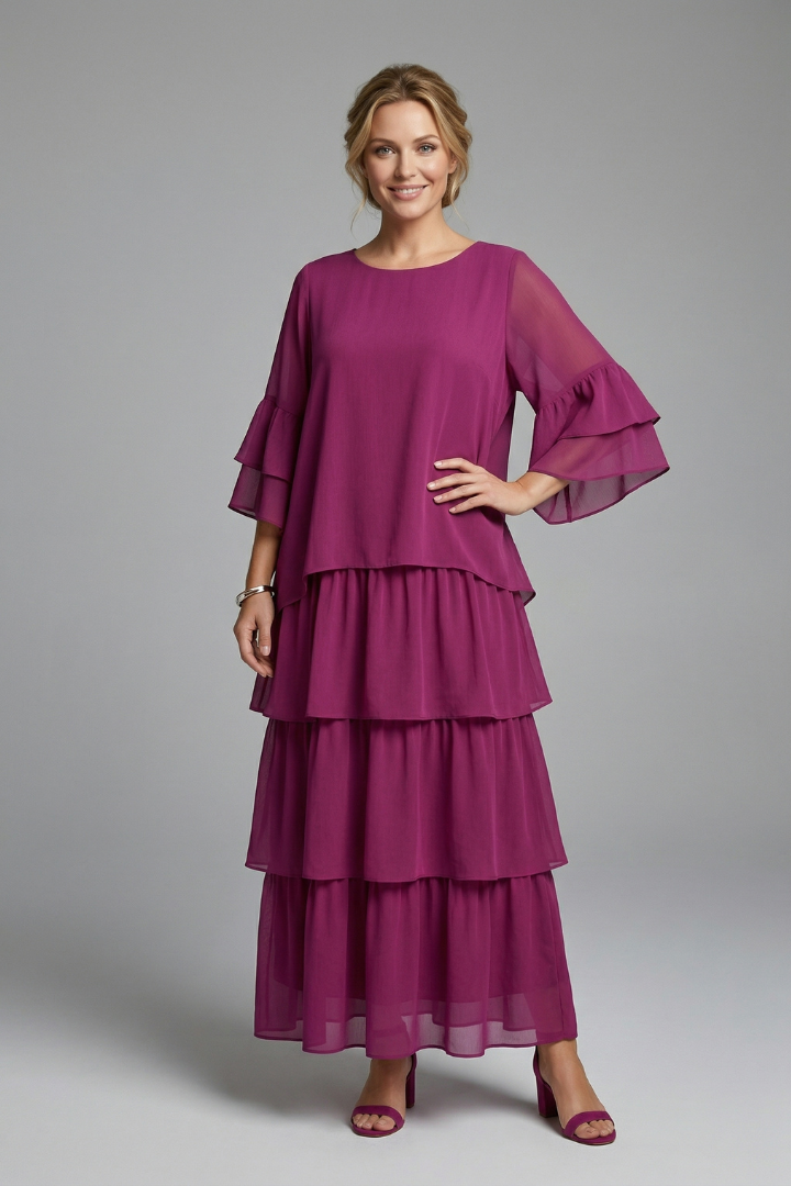 Women's Tiered Maxi Dress with Round Neckline and Wide Sleeves