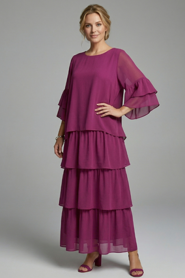 Women's Tiered Maxi Dress with Round Neckline and Wide Sleeves