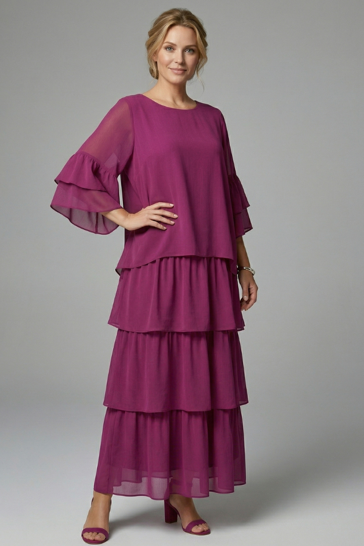 Women's Tiered Maxi Dress with Round Neckline and Wide Sleeves