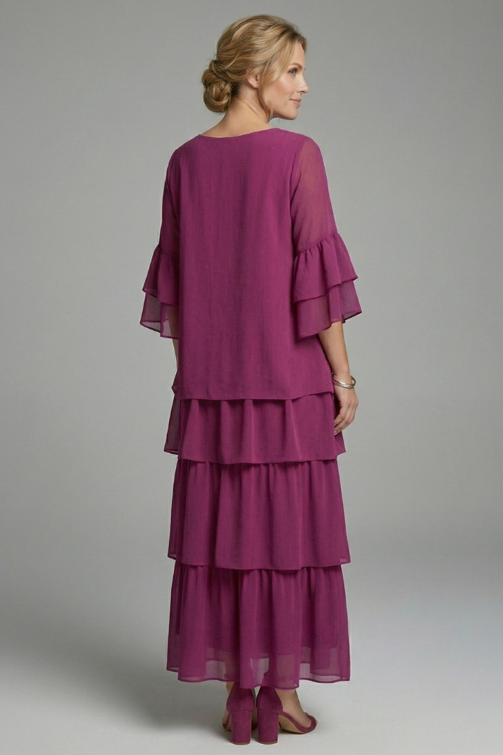 Women's Tiered Maxi Dress with Round Neckline and Wide Sleeves