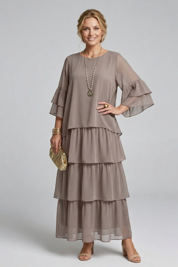 Women's Tiered Maxi Dress with Round Neckline and Wide Sleeves