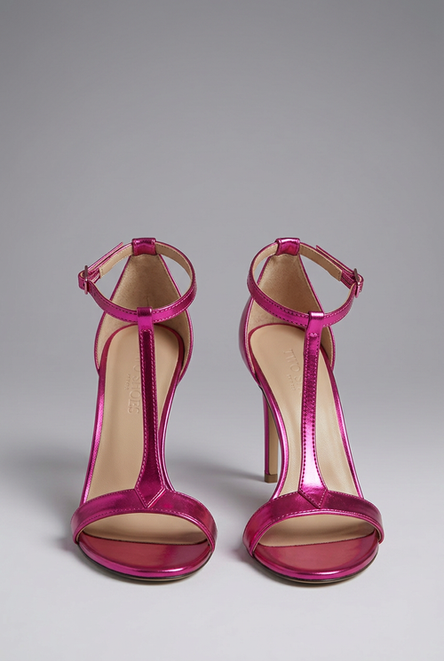 Women's Metallic Pink T-Strap High Heel Sandals