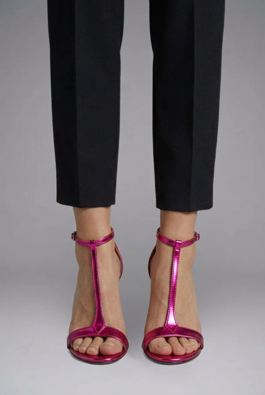Women's Metallic Pink T-Strap High Heel Sandals
