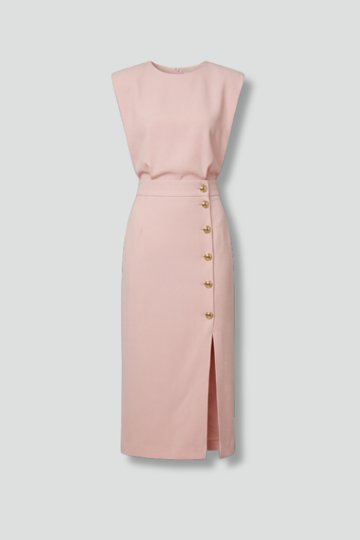 Women's Round Neck Midi Dress with Button Slit Detail