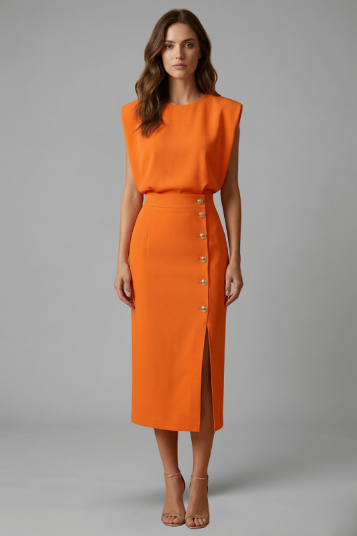 Women's Round Neck Midi Dress with Button Slit Detail