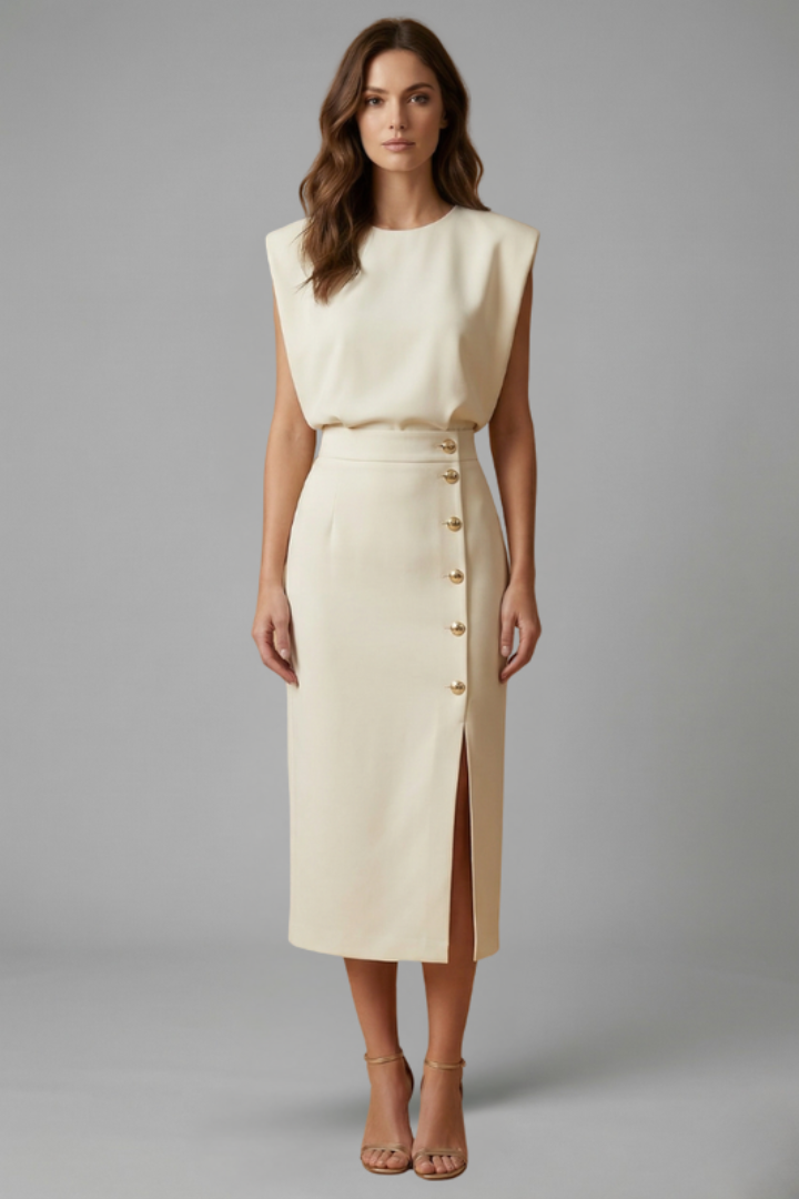 Women's Round Neck Midi Dress with Button Slit Detail