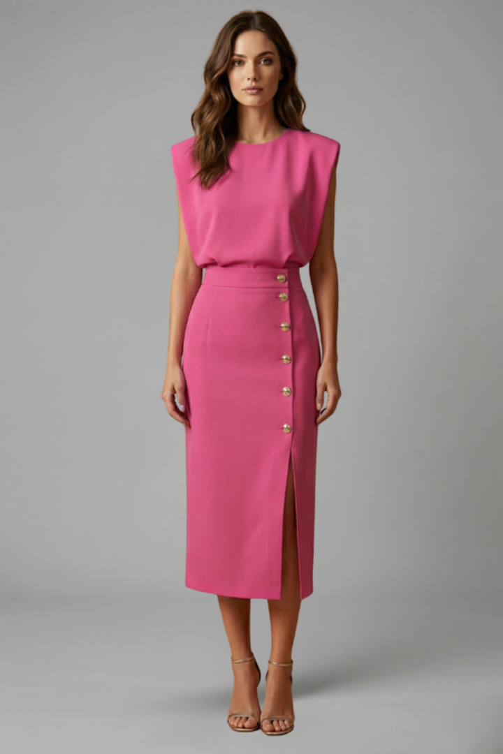 Women's Round Neck Midi Dress with Button Slit Detail