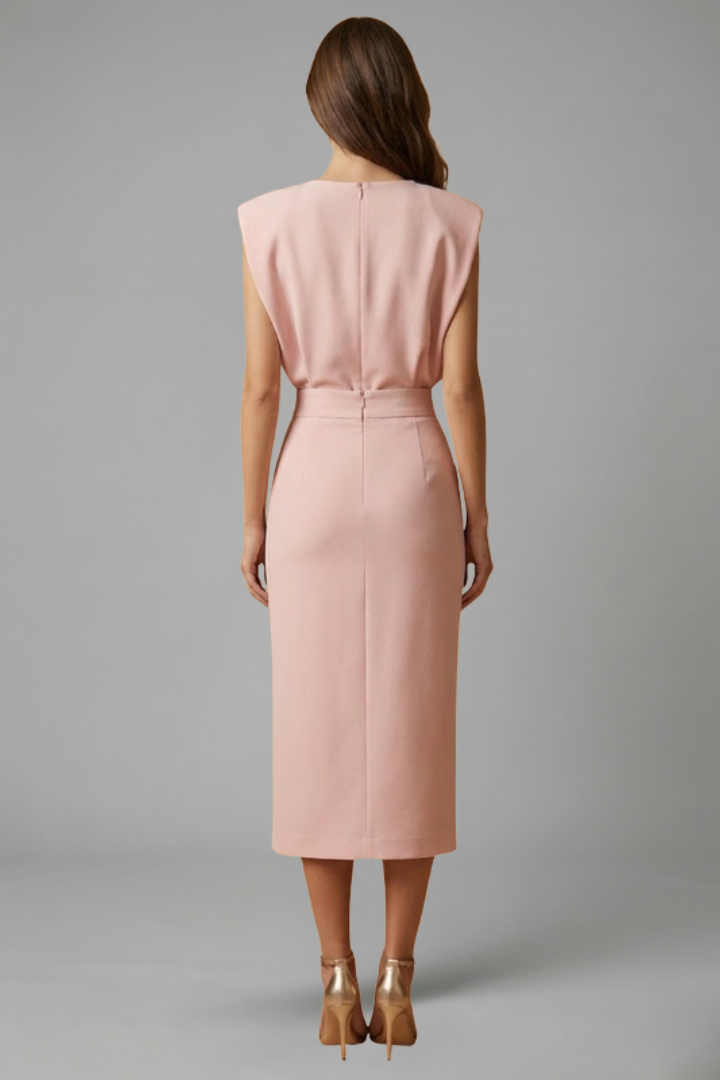 Women's Round Neck Midi Dress with Button Slit Detail