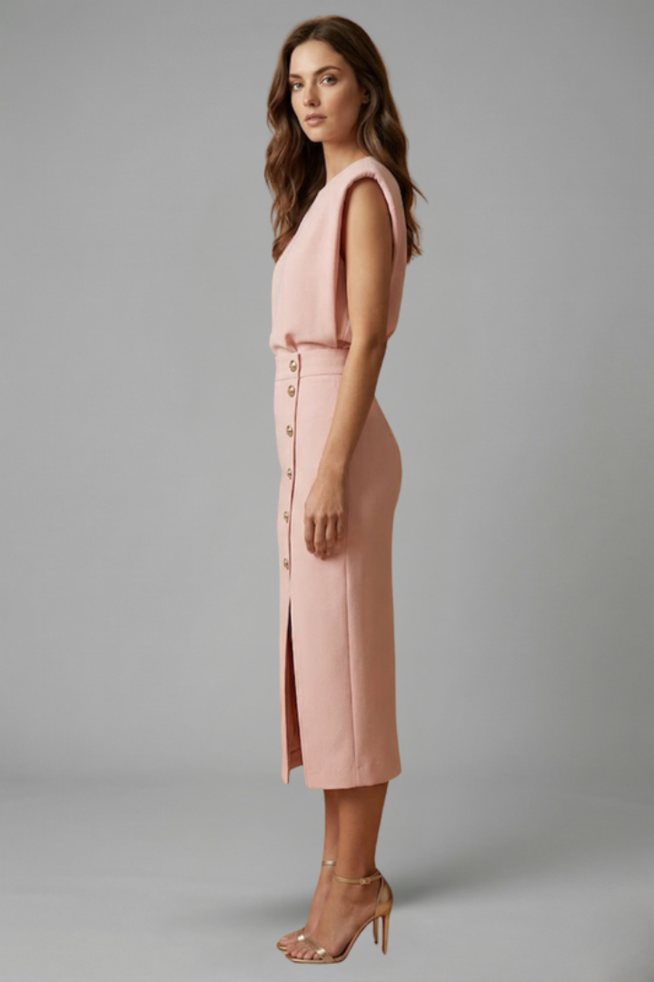 Women's Round Neck Midi Dress with Button Slit Detail