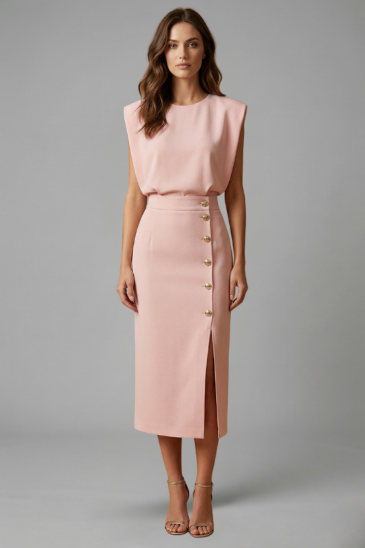 Women's Round Neck Midi Dress with Button Slit Detail