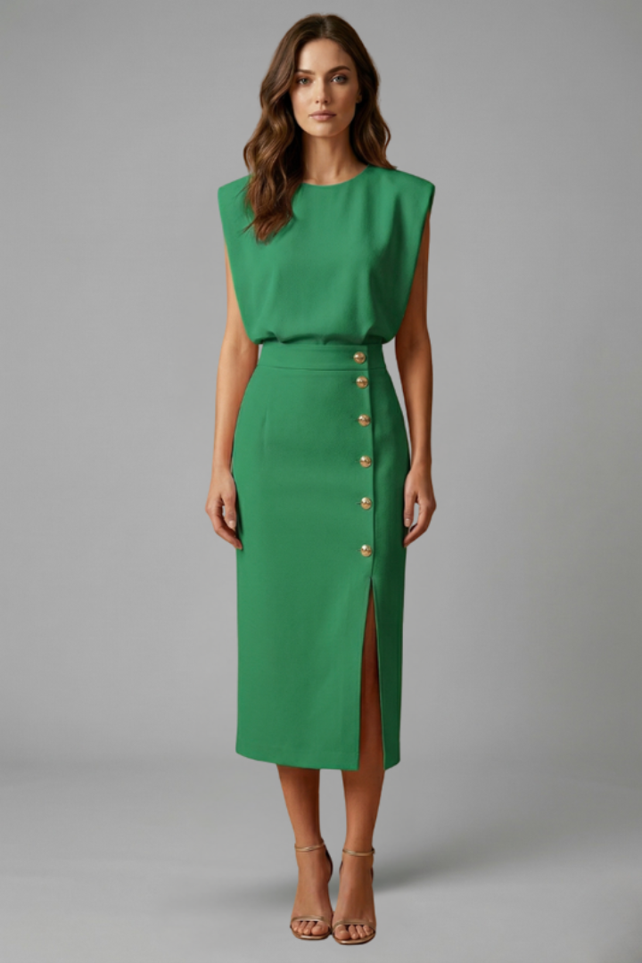 Women's Round Neck Midi Dress with Button Slit Detail