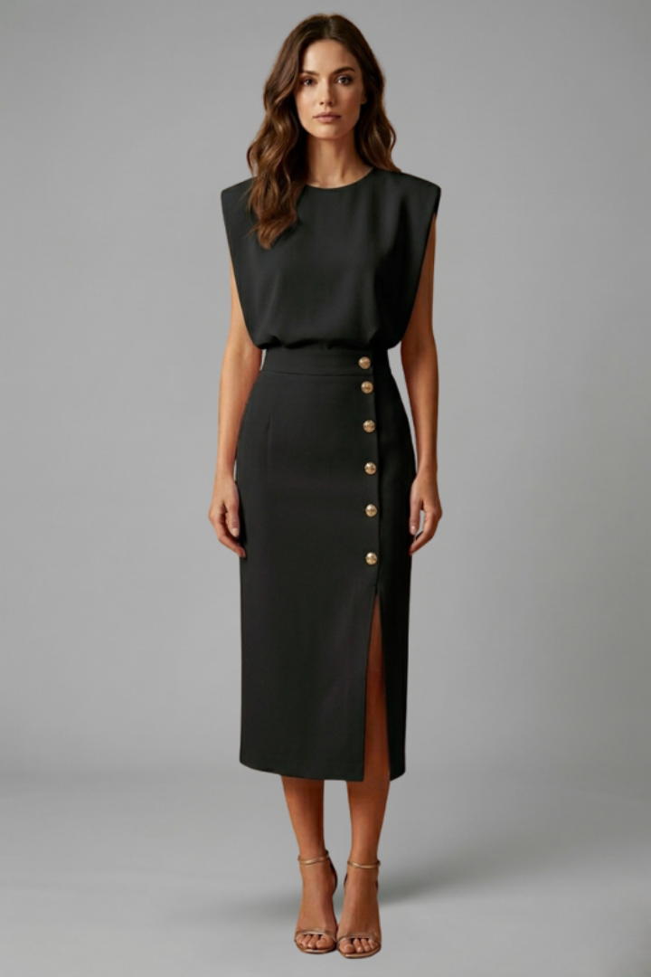 Women's Round Neck Midi Dress with Button Slit Detail
