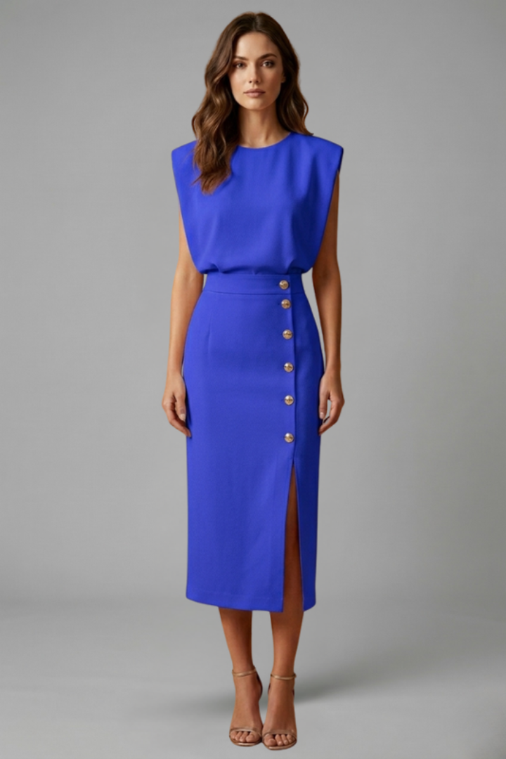 Women's Round Neck Midi Dress with Button Slit Detail