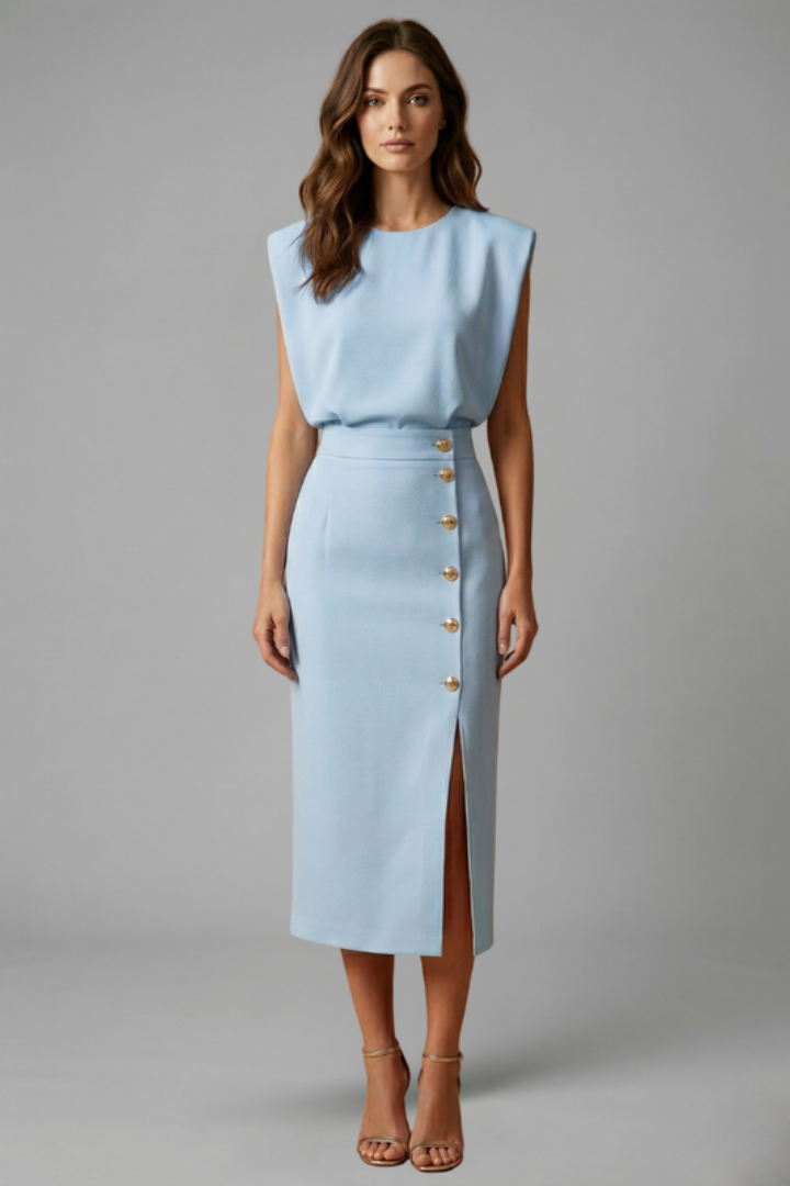 Women's Round Neck Midi Dress with Button Slit Detail