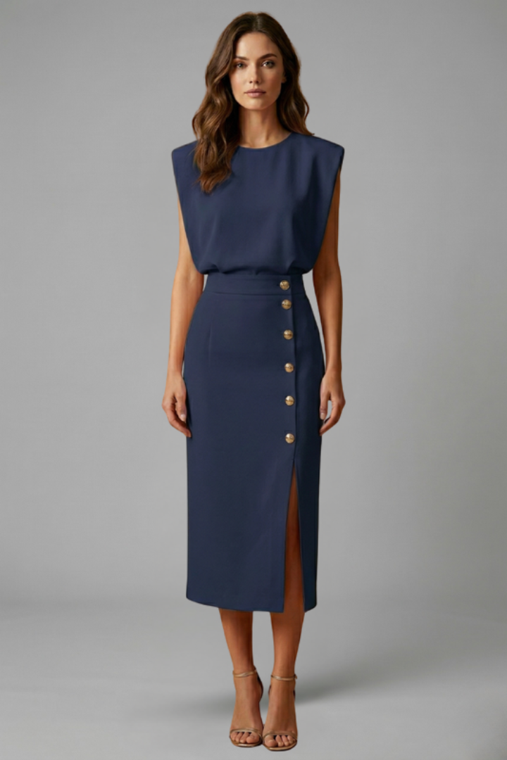 Women's Round Neck Midi Dress with Button Slit Detail