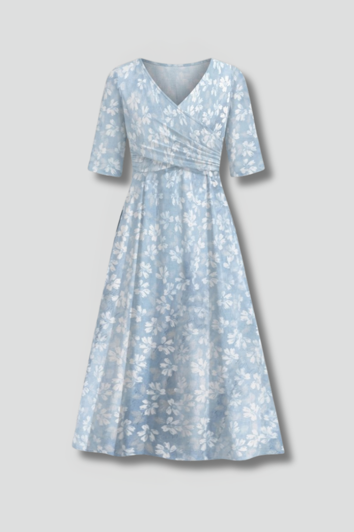 Women's  V-Neck Midi Dress with Side Pockets