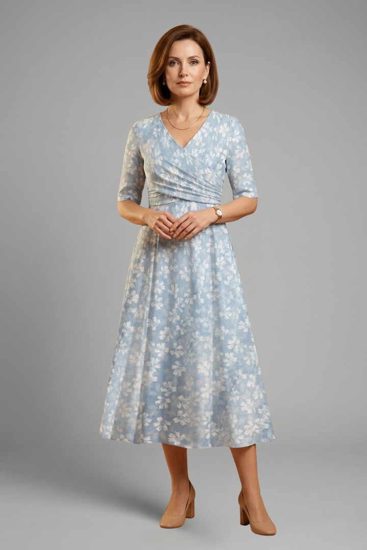 Women's  V-Neck Midi Dress with Side Pockets