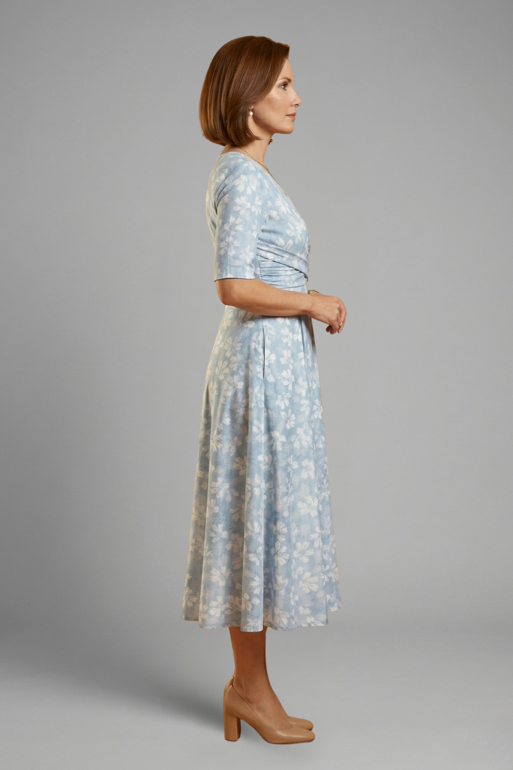 Women's  V-Neck Midi Dress with Side Pockets