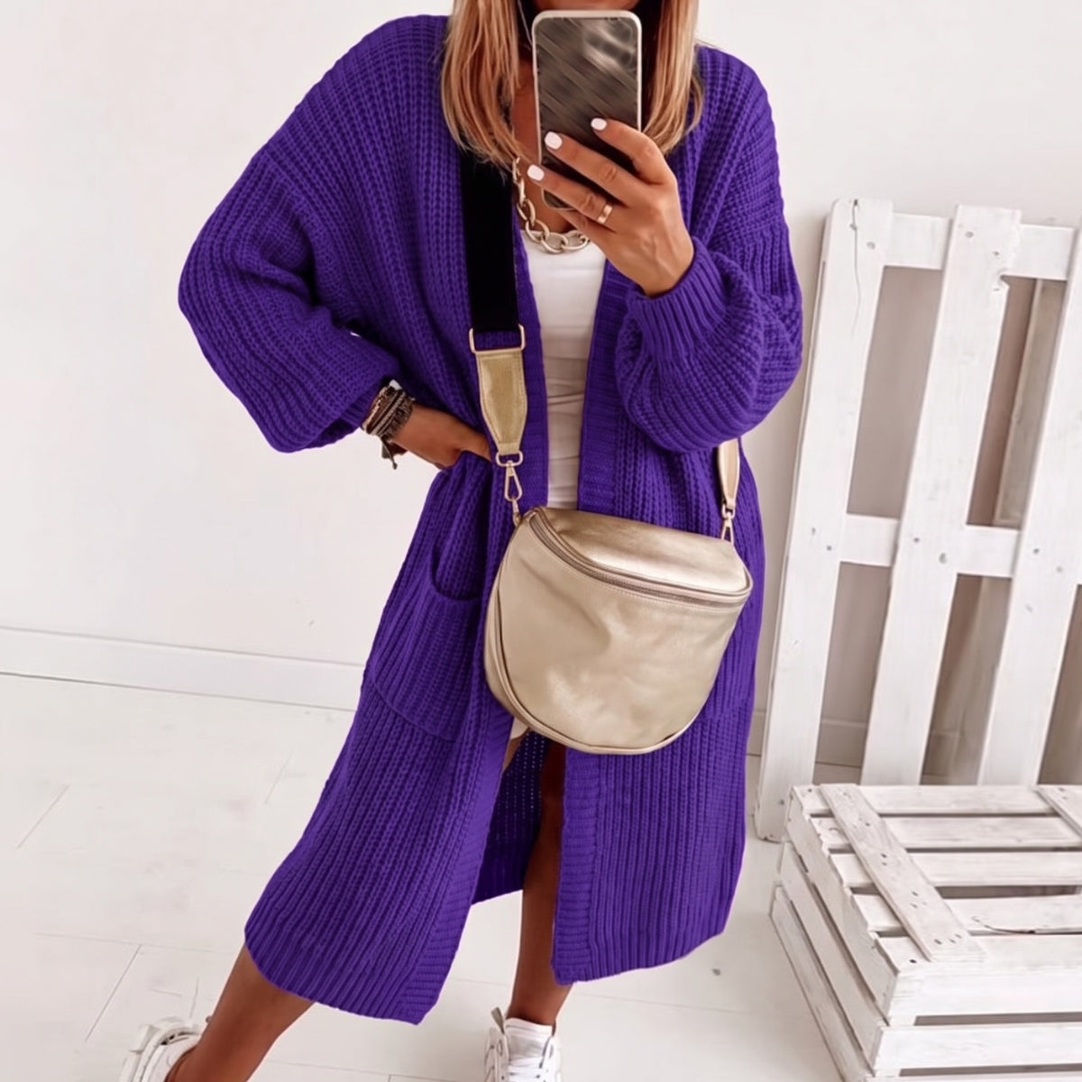 Women's Oversized Open-Front Cardigan with Balloon Sleeves