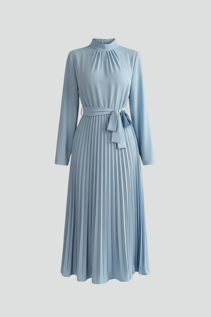 Women's Pleated Midi Dress with Waist Tie and Long Sleeves