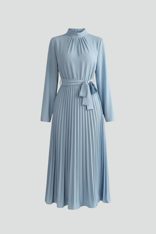 Women's Pleated Midi Dress with Waist Tie and Long Sleeves