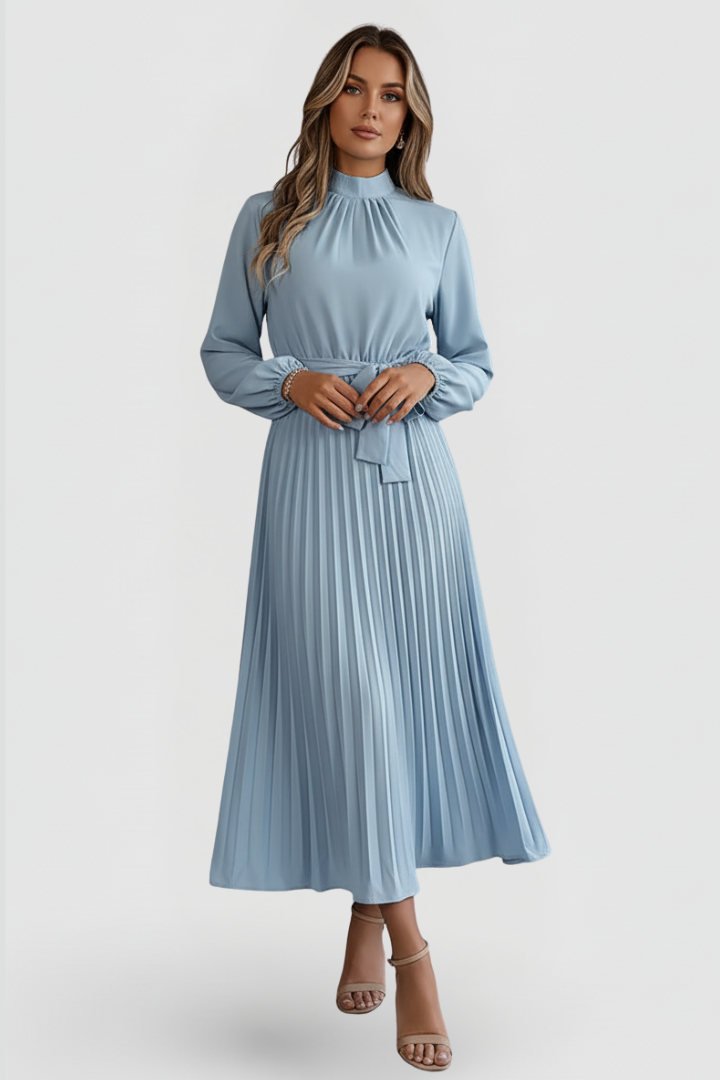 Women's Pleated Midi Dress with Waist Tie and Long Sleeves