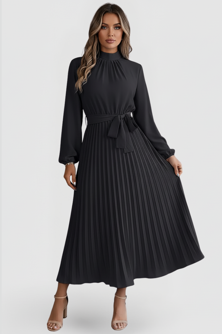 Women's Pleated Midi Dress with Waist Tie and Long Sleeves