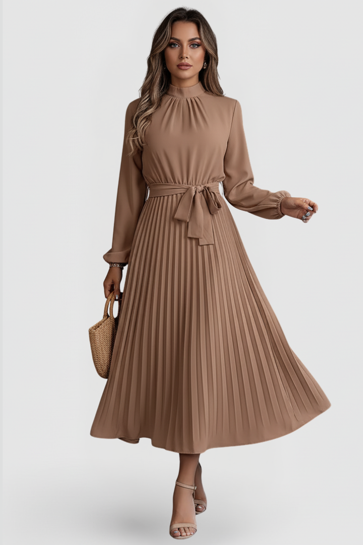 Women's Pleated Midi Dress with Waist Tie and Long Sleeves