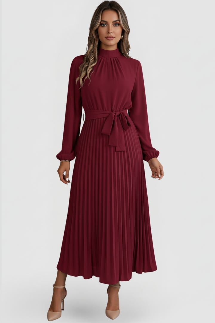 Women's Pleated Midi Dress with Waist Tie and Long Sleeves