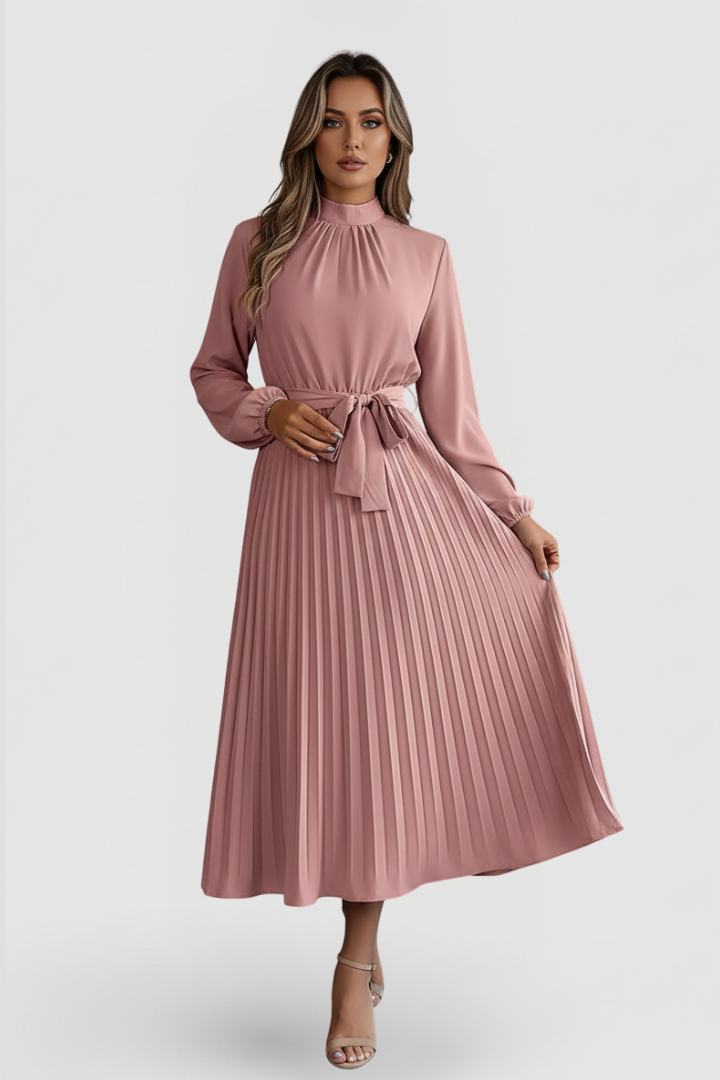 Women's Pleated Midi Dress with Waist Tie and Long Sleeves