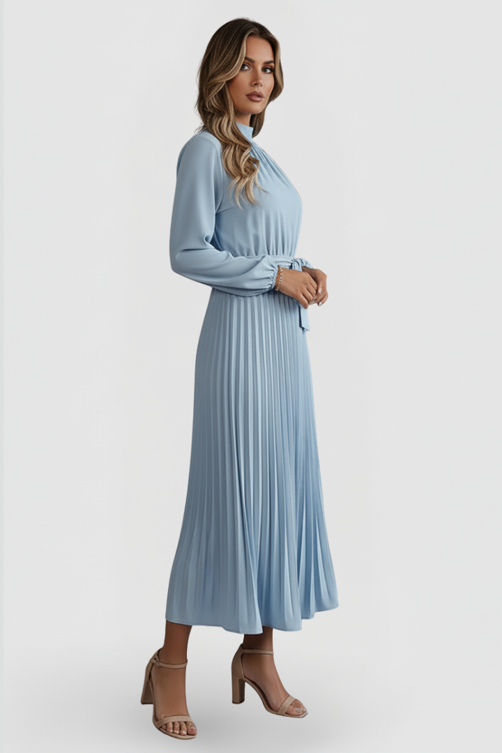 Women's Pleated Midi Dress with Waist Tie and Long Sleeves