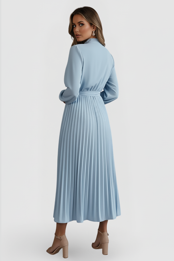 Women's Pleated Midi Dress with Waist Tie and Long Sleeves