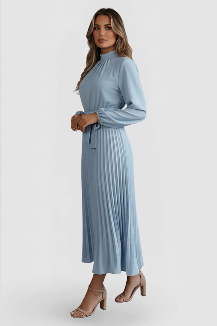 Women's Pleated Midi Dress with Waist Tie and Long Sleeves