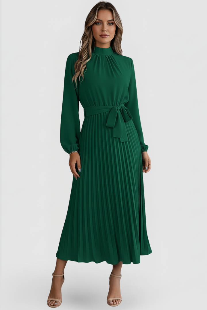 Women's Pleated Midi Dress with Waist Tie and Long Sleeves